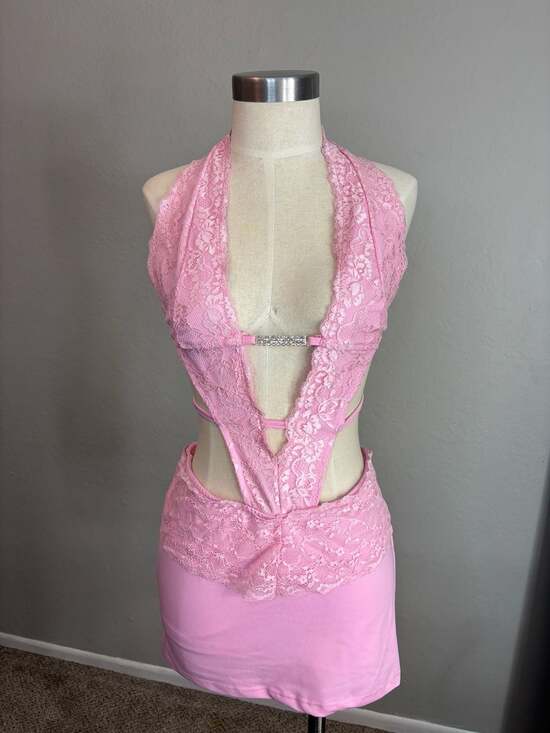 SHEIN Dresses & Skirts - Pink Lace Halter Cut-Out Mini Dress with Rhinestone Detail